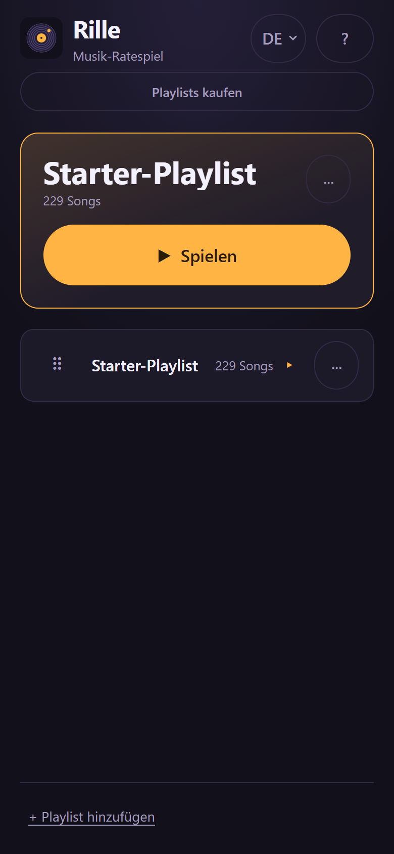 Die Bibliothek: die zuletzt gespielte Playlist als Karte mit großem Spielen-Knopf, darunter die Liste der übrigen Playlists