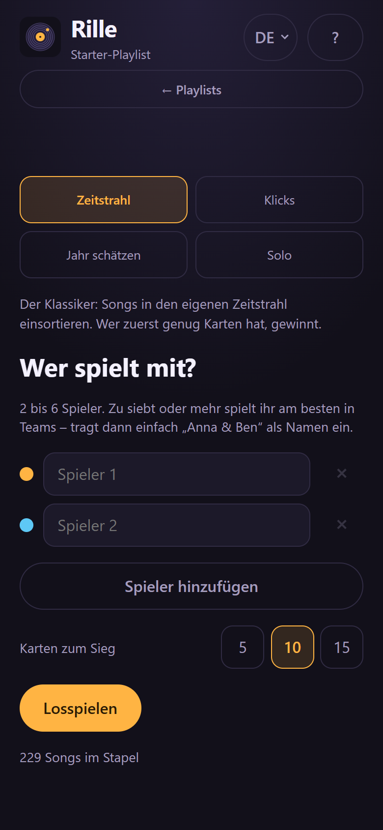 Auswahl der Spielart und Eingabe der Spielernamen