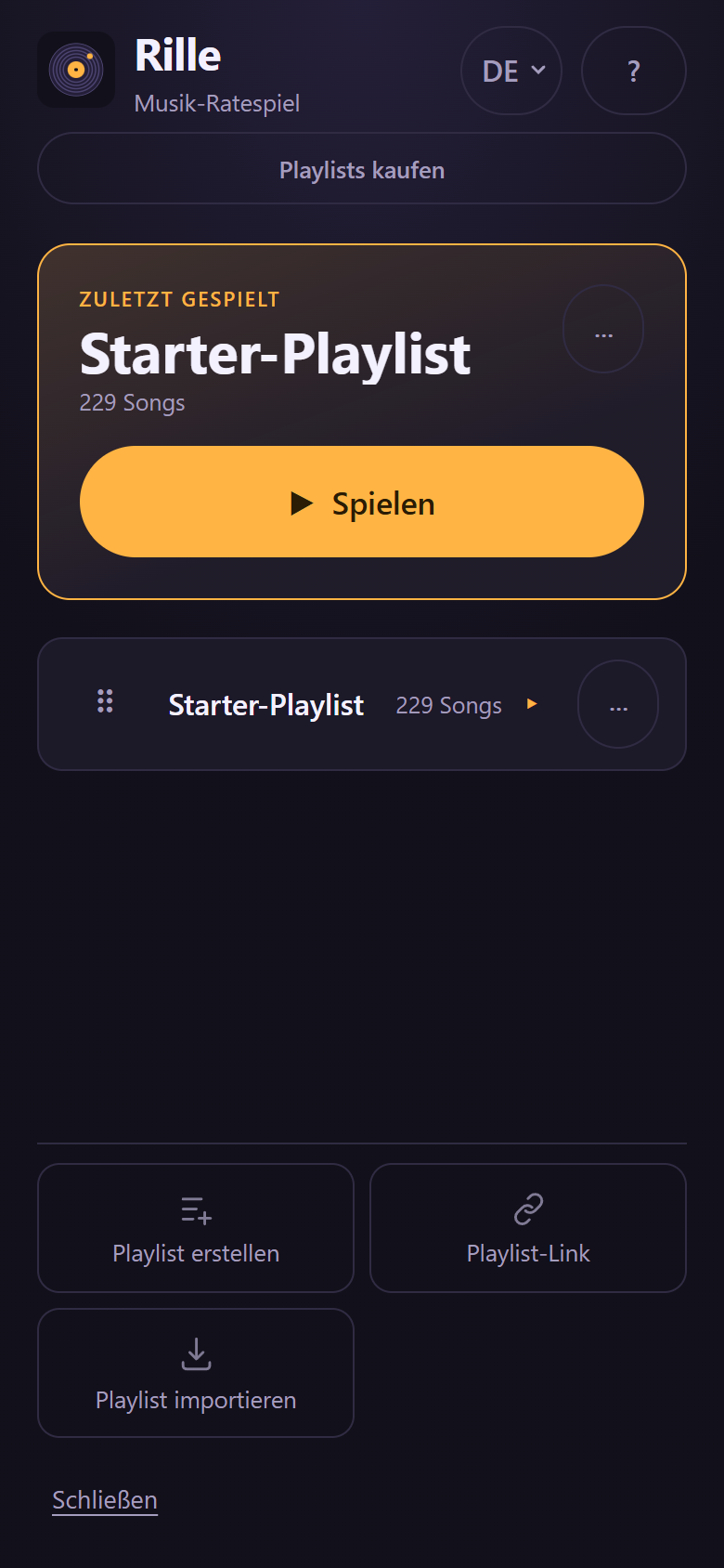 Das geöffnete Panel „Playlist hinzufügen“ mit den Wegen Playlist erstellen, Playlist-Link und Playlist importieren