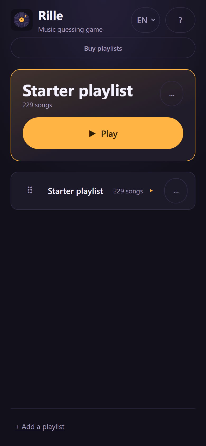 The library: the playlist played last as a card with a large play button, and below it the list of the others