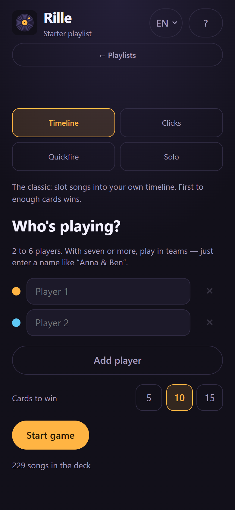 Choosing the game mode and entering the player names