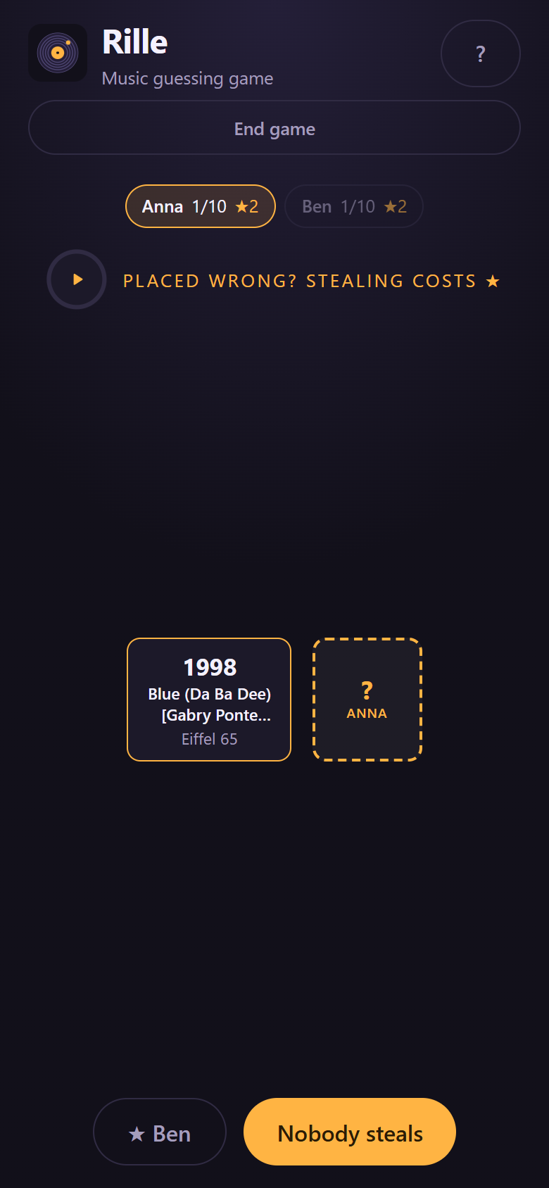 The reveal shows the year, and the other players can steal the card