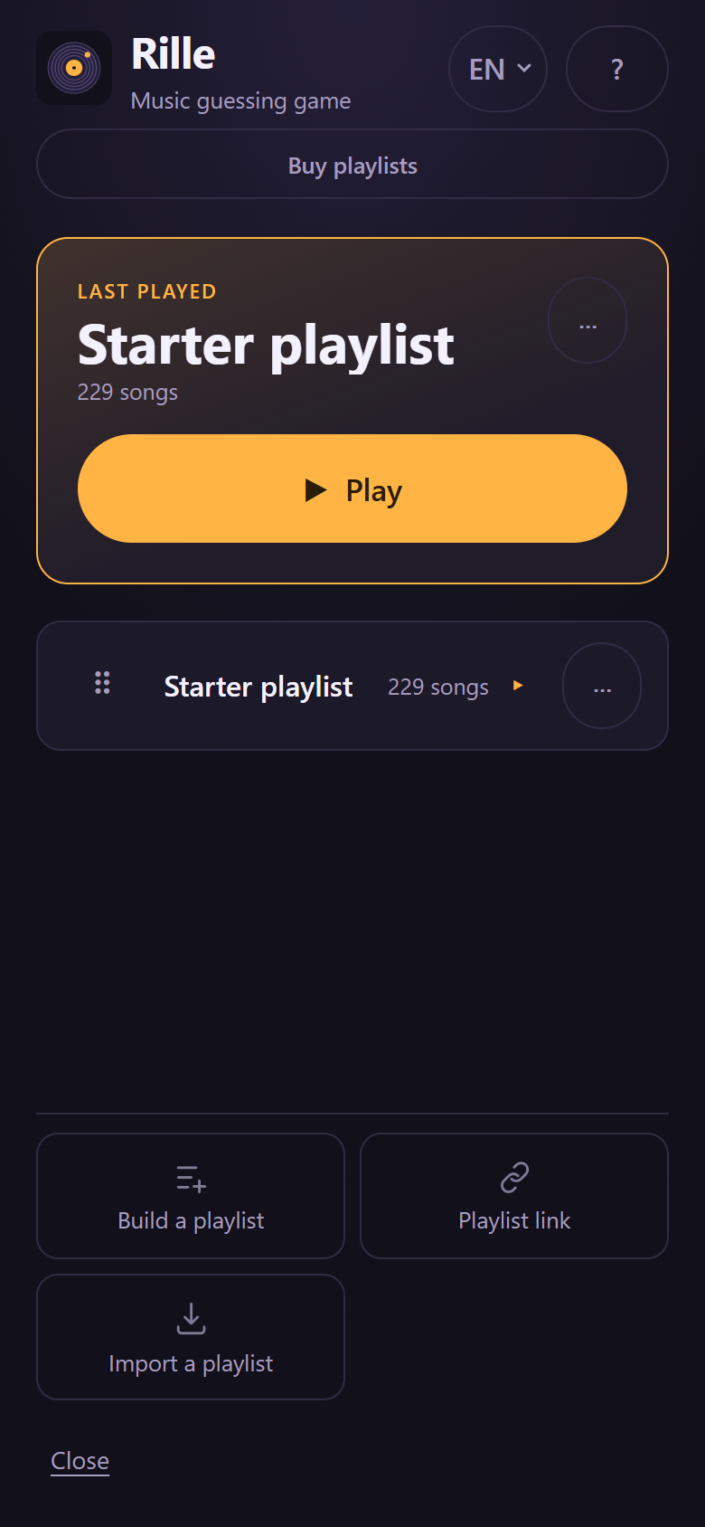 The opened “Add a playlist” panel with the routes create a playlist, playlist link and import a playlist