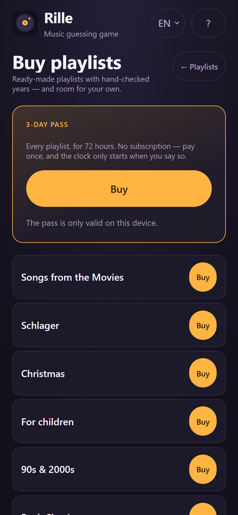The store with the curated packs, the slots for your own playlists and the 3-day pass