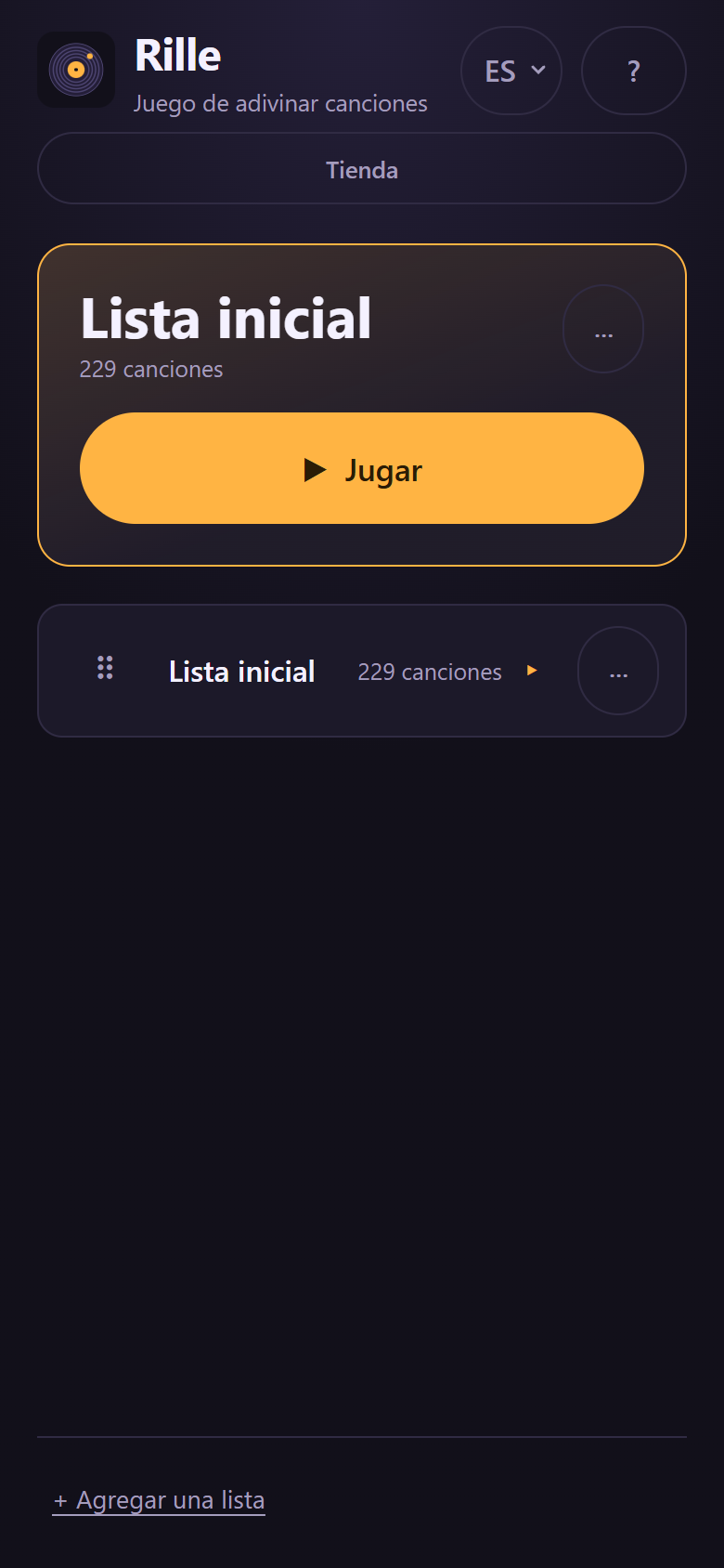 La pantalla de inicio de Rille con la lista inicial y un botón grande de jugar