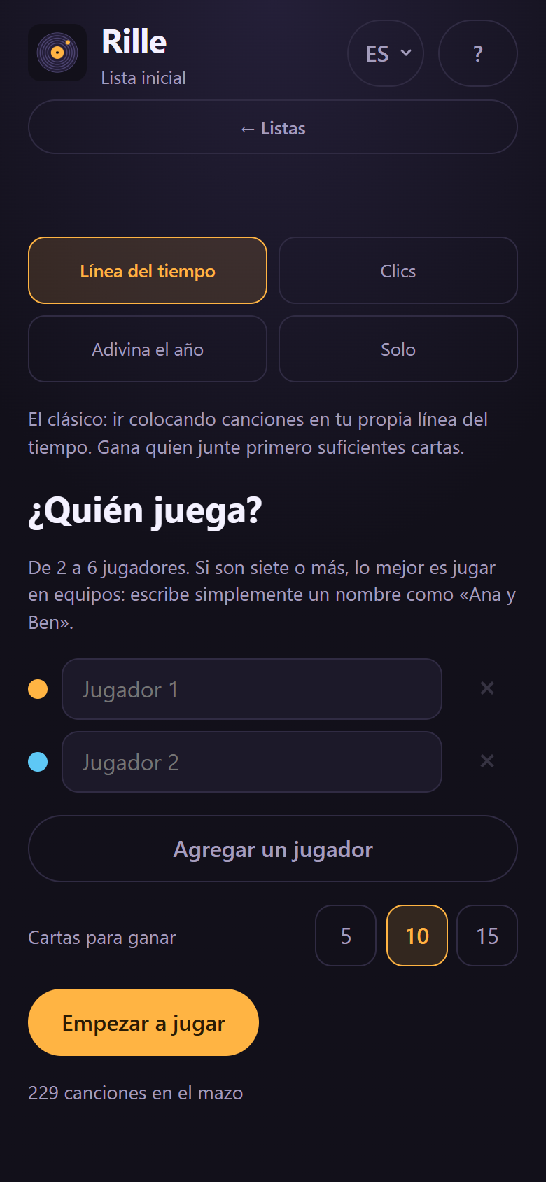 La elección del modo de juego y la entrada de los nombres de los jugadores