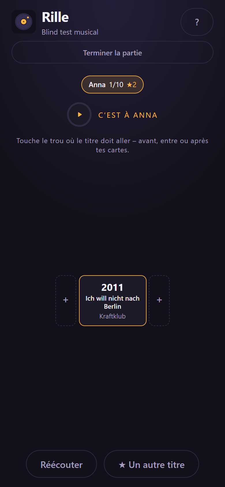 Une partie en solo : une frise sans adversaires et sans barre de score