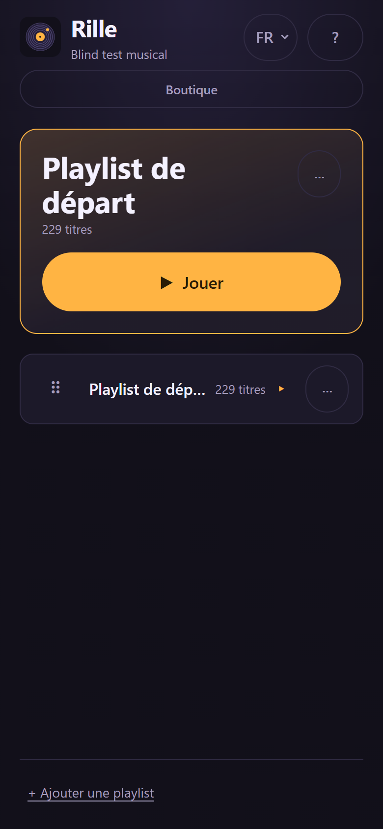 La bibliothèque : la dernière playlist jouée en grande carte avec un bouton Jouer, et en dessous la liste des autres playlists