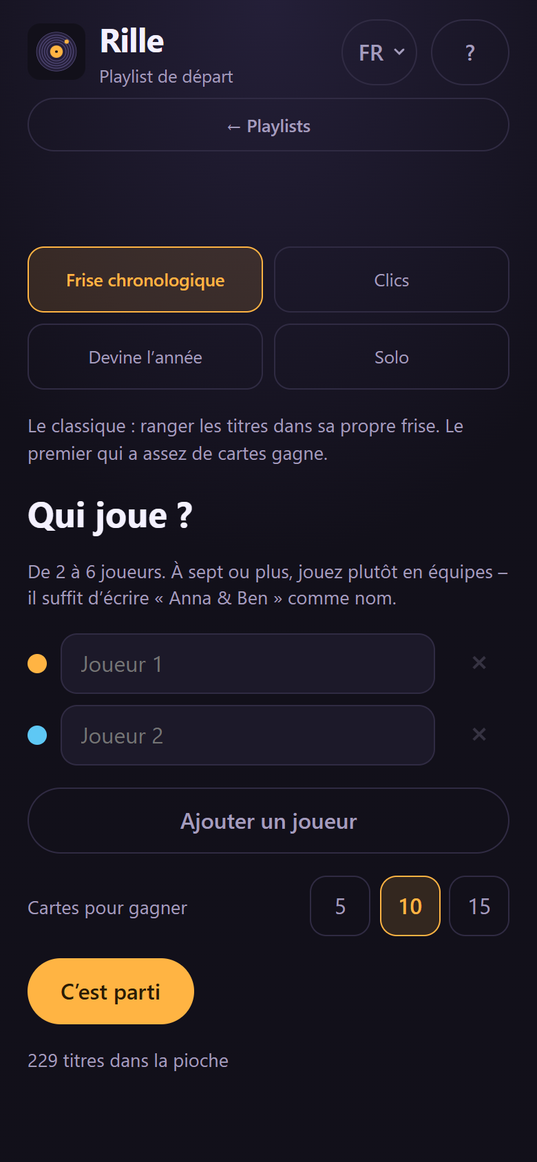 Le choix du mode de jeu et la saisie des noms des joueurs