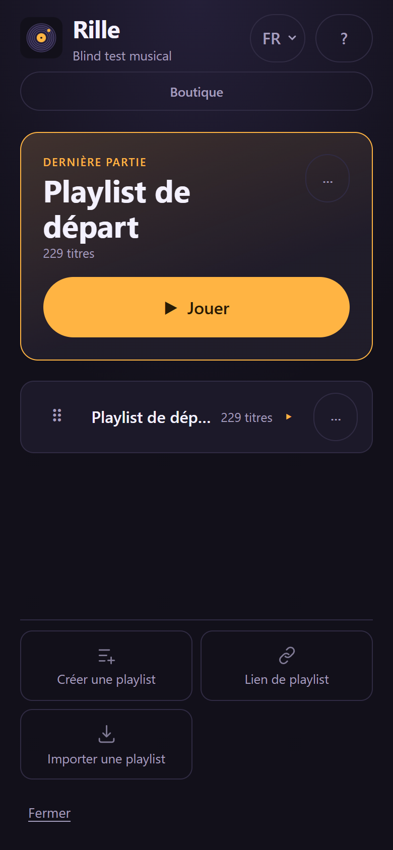 Le panneau « Ajouter une playlist » ouvert, avec les chemins Créer une playlist, Lien de playlist et Importer une playlist