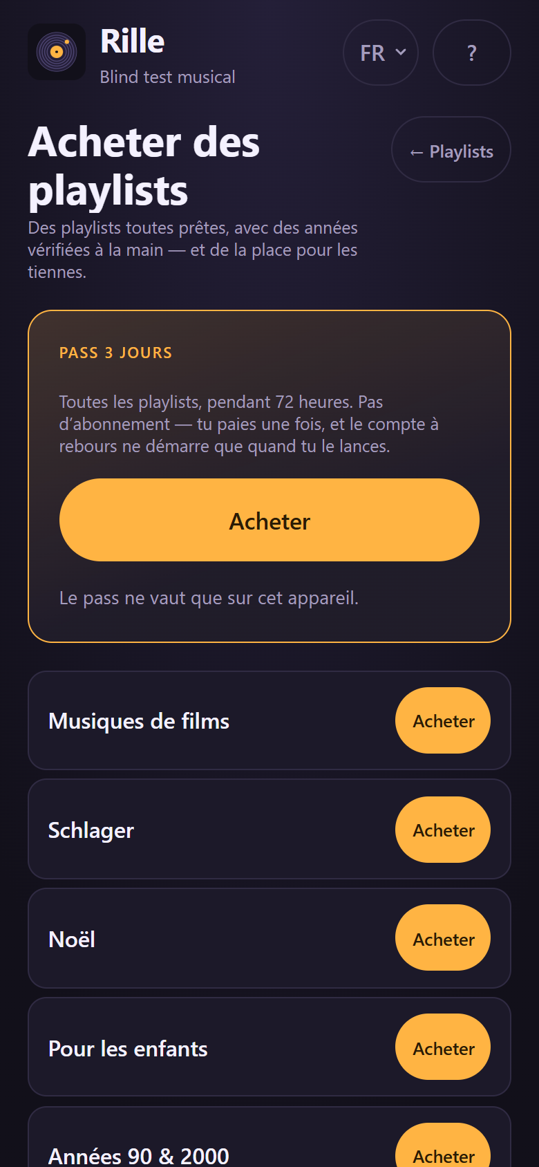 La boutique avec les packs préparés, les places pour vos propres playlists et le pass 3 jours