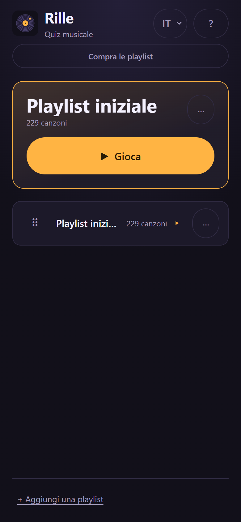 La schermata iniziale di Rille con la playlist iniziale e un grande pulsante Gioca