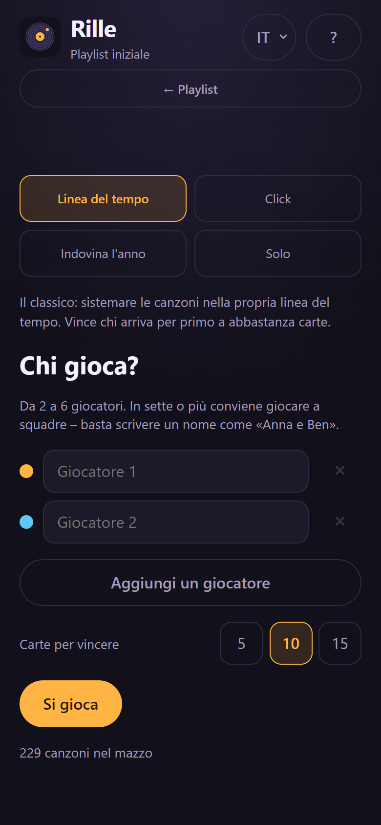 La scelta della modalità di gioco e l’inserimento dei nomi dei giocatori