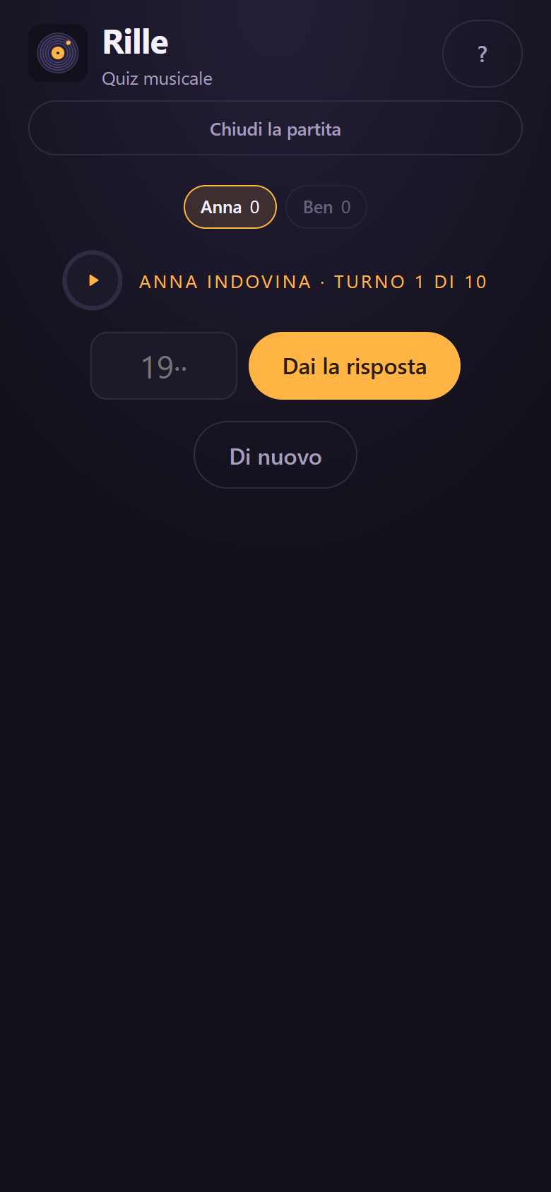 La schermata per indovinare l’anno: un campo per l’anno e il punteggio del turno