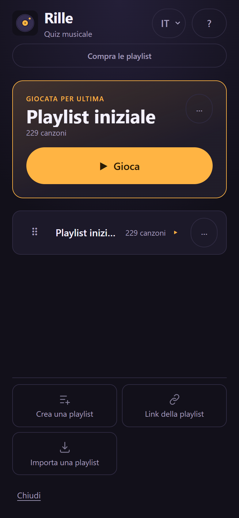 Il pannello «Aggiungi una playlist» aperto, con le strade Crea una playlist, Link della playlist e Importa una playlist