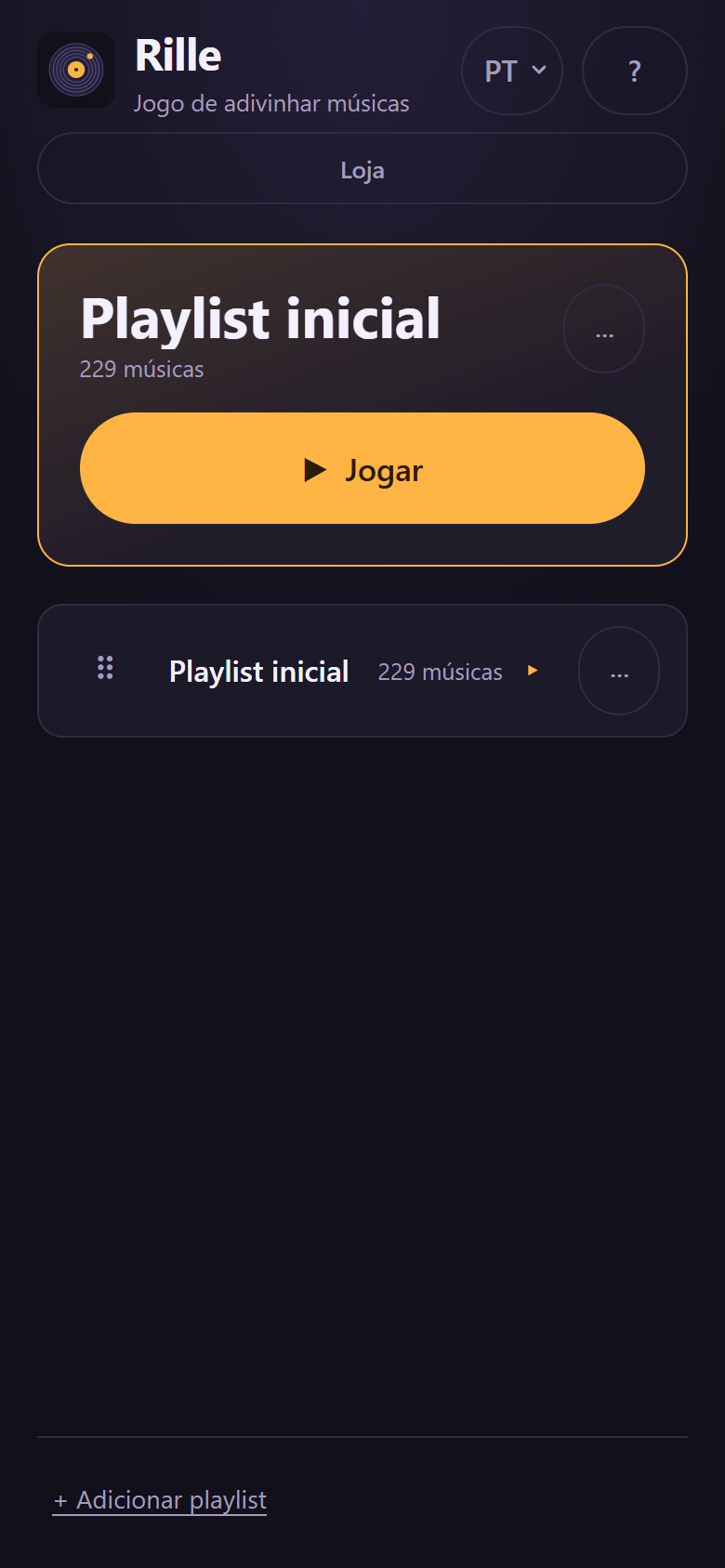 A biblioteca: a última playlist jogada como cartão com um botão Jogar grande e, abaixo, a lista das outras playlists