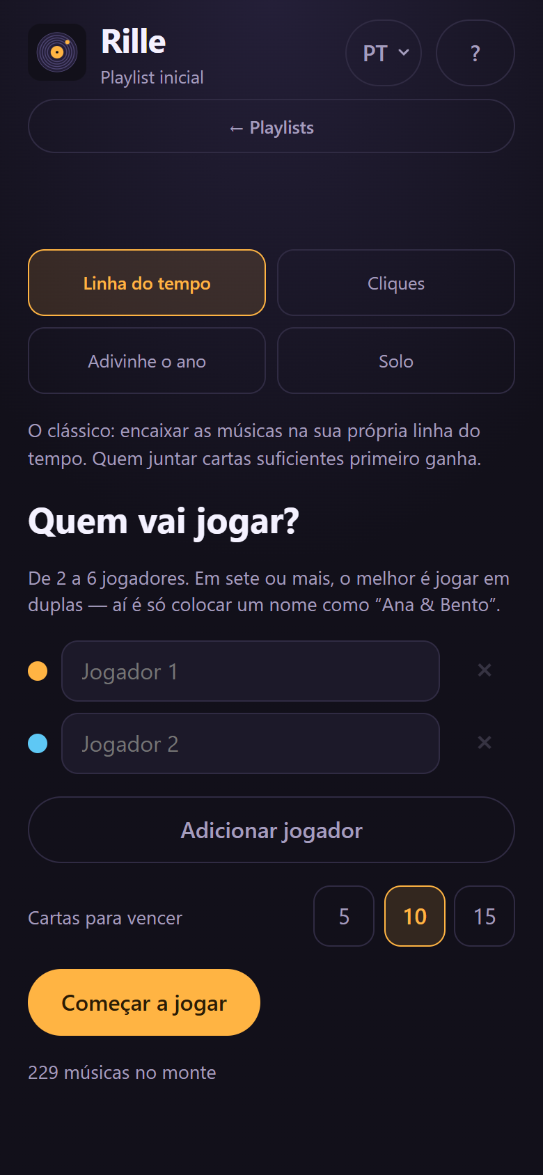 A escolha do modo de jogo e a digitação dos nomes dos jogadores