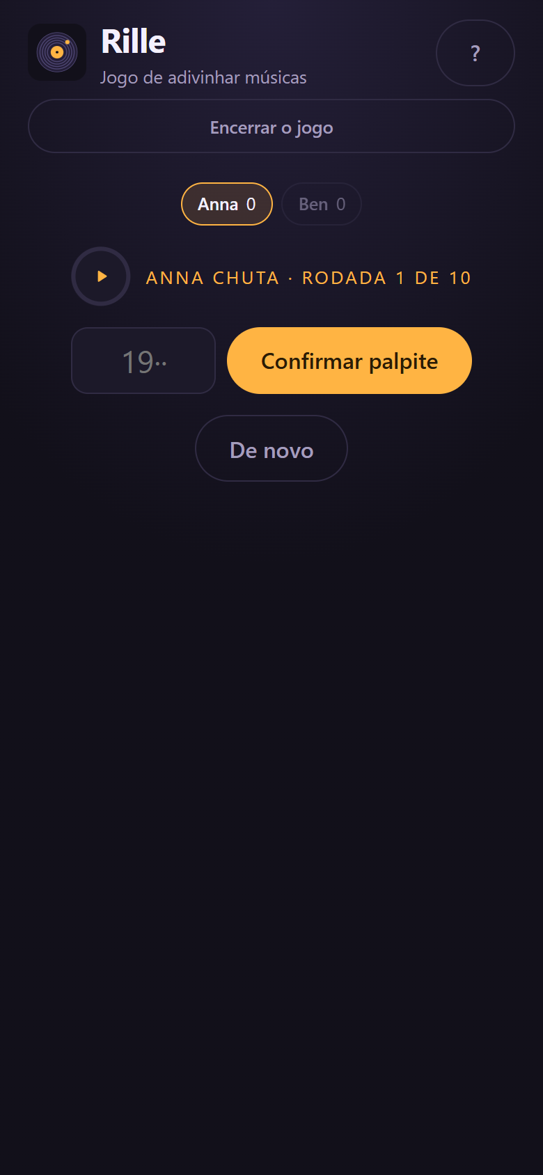 A tela de Adivinhe o ano: um campo para o ano e o placar da rodada