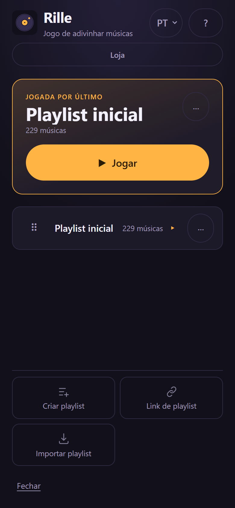 O painel “Adicionar playlist” aberto, com os caminhos Criar playlist, Link de playlist e Importar playlist