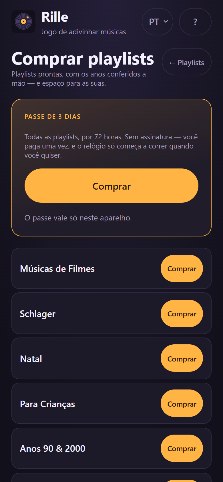 A loja com os pacotes curados, as vagas para playlists suas e o passe de 3 dias